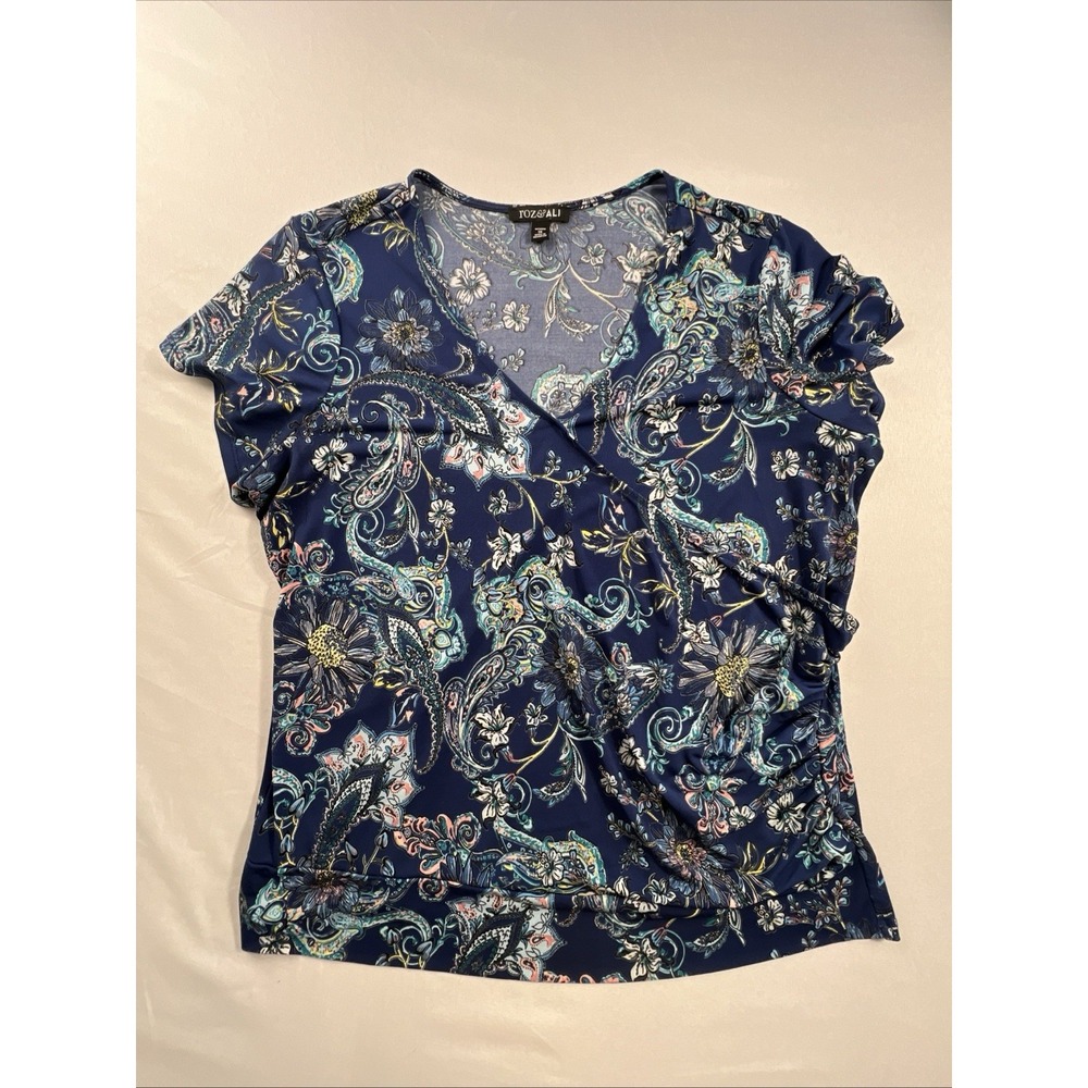 Roz & Ali Navy Paisley Floral Faux Wrap Top Short Sleeve Blouse 1X